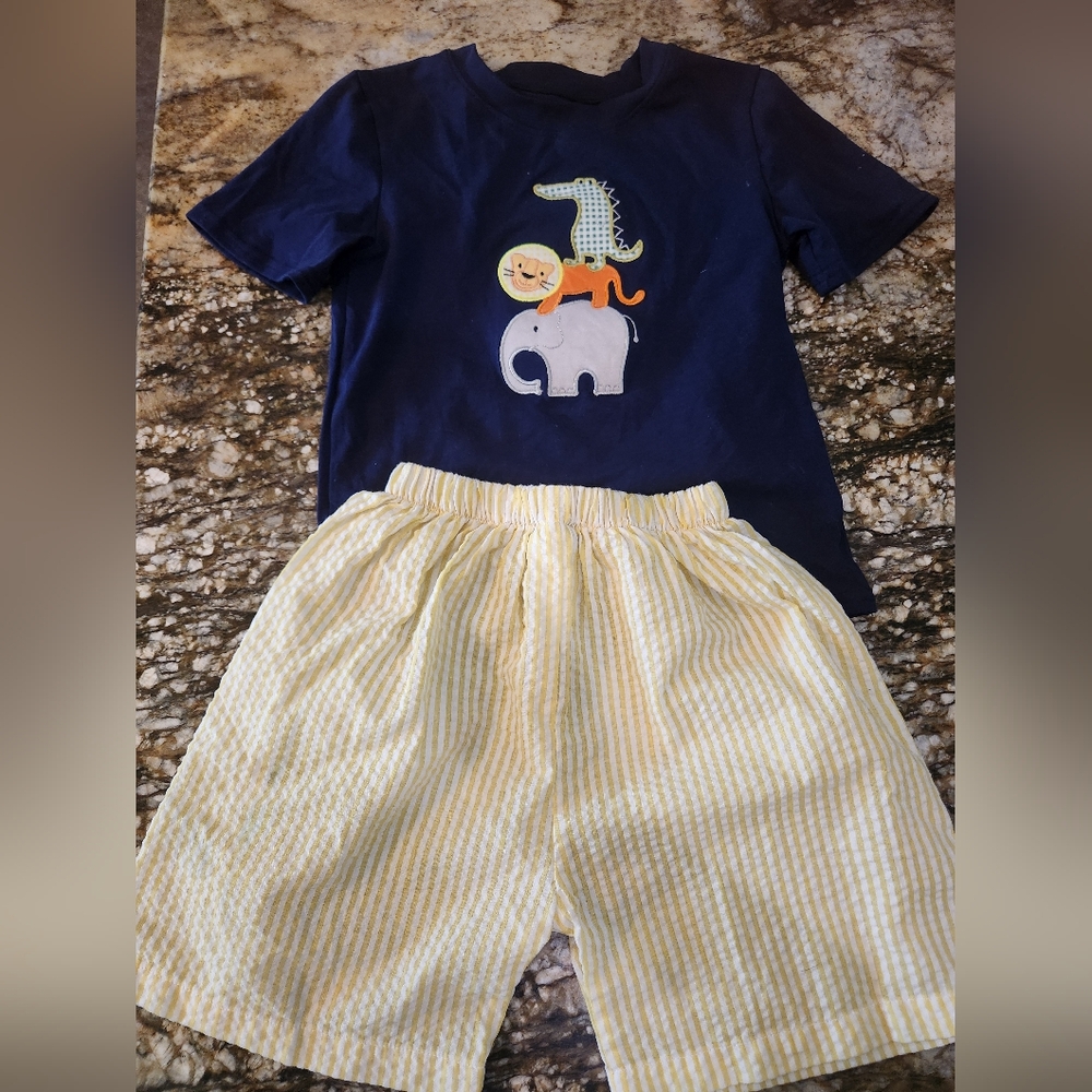 Navy Animal Appliqué Tee with Yellow Striped Shorts